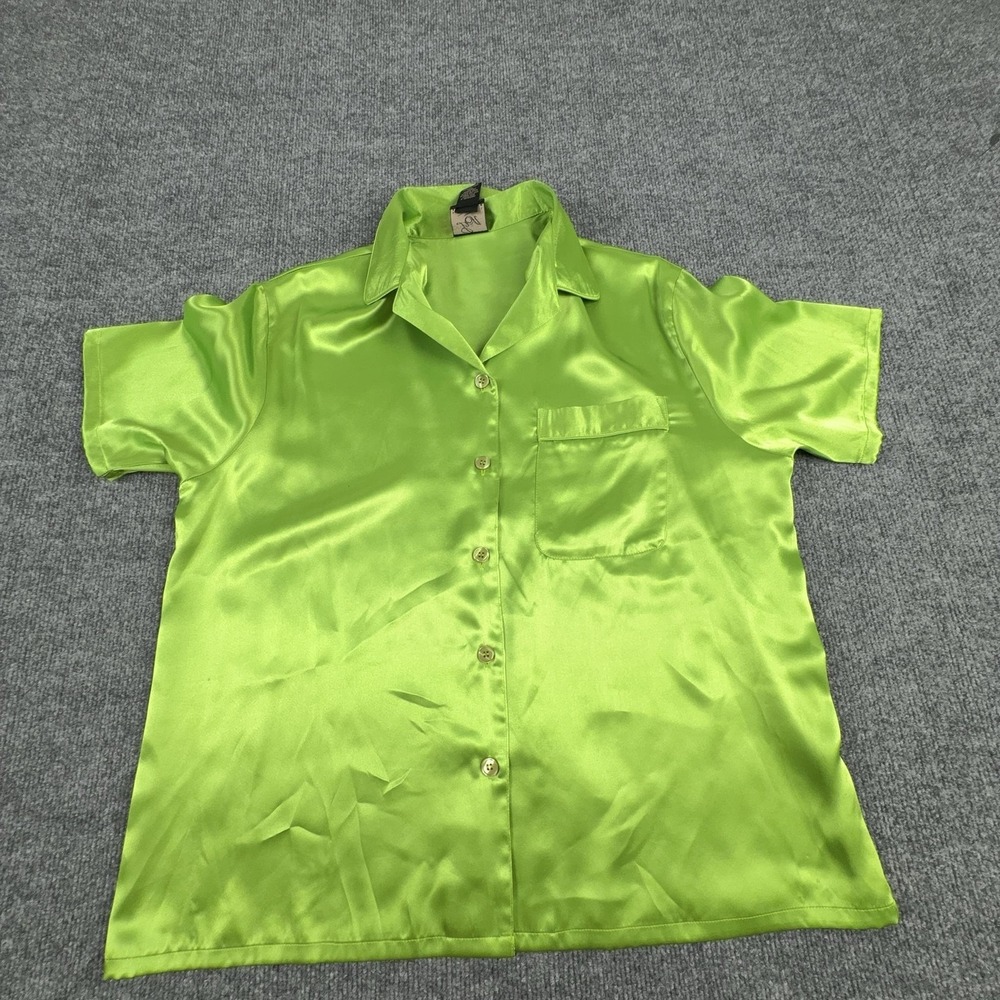 VTG Loni Anderson Shirt Womens Medium Green Satin Button Front Short Sleeve Top